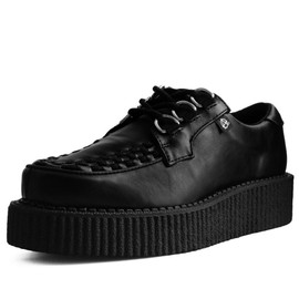 T.U.K. Anarchic Creeper Shoes for Women and Men, Black Faux Leather, Round Toe, Woven Interlace, 3 D-Ring Lace-Up, Twill Lining, Foam Insole, Low Platform, Classic Style, US Women 9 / Men 7