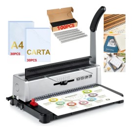 Engargoladora Con 100 Arillos Metal y 60 Pastas, 34 Hoyos 3:1, Con Capacidad Para 120 Hojas Y Margen Lateral Ajustable, Para Tamaño Carta, A4 Y A5, En