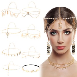 8 Pcs Gold Head Chain Headpiece Coins Pearl Tassel Rhinestone Chain Hair Band for Women Wedding Bridal Boho Headbands Jewelry for Festival Prom