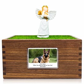 MEM PLANETE Dog and Cat Urns for Ashes Premium Pet Memorial Urn with Angel Figurine, Black Walnut Wood Box with Photo Frame Cremation Suitable for All Pets Loss of Sympathy Gift Angel Holding Dog Urn