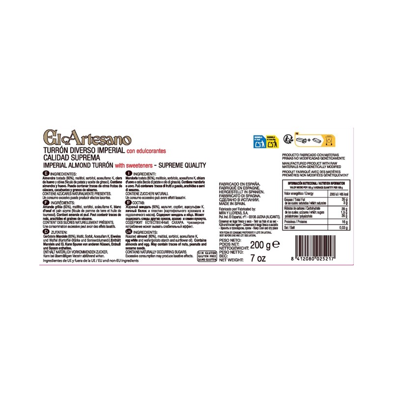 El Artesano Sugar Free Hard Turron 200 g