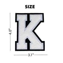 1 PCS 4.0" White Chenille Letter Patch, Iron on Patches for Hats Clothes Bags Backpacks Jeans, Initial Patches Large Varsity Letter. (Letter K)