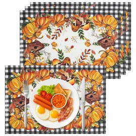 Bloss Pumpkin Leaves Fall Placemats Set of 4,12x18Inch Plaid Place Mats for Fall Home Decorations,Autumn Thanksgiving Pumpkin Placemats,Kitchen Dining Table Place Mats Set of 4 for Falls Decorations