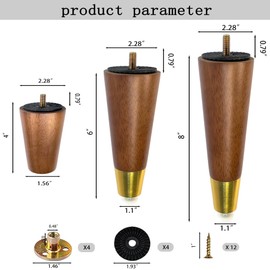 Yummy love 4-Pack 8-Inch Solid Hardwood Furniture, Mid-Century Style with Golden Metal Caps - Walnut Finish, Perfect for Couches, Dressers, Chairs, and Cabinets