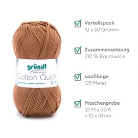 Gründl Cotton Quick Uni Knitting/Crochet Yarn, 10 Balls of 50 g (Colourful 100% Cotton Yarn, Oeko-Tex Certified, 50 g/125 m, Needle Size: 3–4, 10 x 50 g), Caramel, 29 x 12 x 7 cm