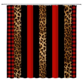 KDYDK Leopard Print Shower Curtain Red Black Cheetah Print Buffalo Plaid African Wild Animal Brown Skin Pattern Geometric Decor Bathroom Curtain Set with Hook