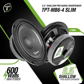 Timpano 6.5 Inch Shallow Car Speaker 600 Watts TPT-MB6-4 Slim Shallow Profile 4 Ohm, PRO Midbass Car Audio Loudspeaker Compact for Doors (Single)