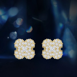 Hip Hop Jewelry 14K Gold Plated 925 Sterling Silver Lucky Four Leaf Clover Shape Iced Out VVS Moissanite Stud EarringsSize: Earring, Color: Gold