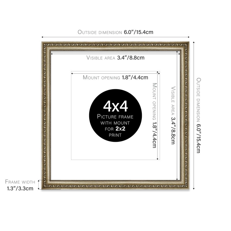 4x4 Champagne Silver Ornate Photo Frame With White Mat For