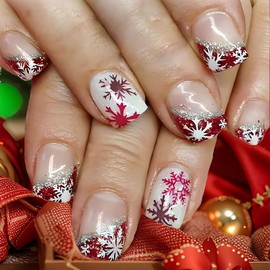 FULANSI Christmas Press on Nails Short Square Fake Nails with Red White Gradation Glitter Snowflake Designs Glossy Acrylic False Nails Full Cover Glue Stick on Nails for Women Xmas Decor 24 Pcs