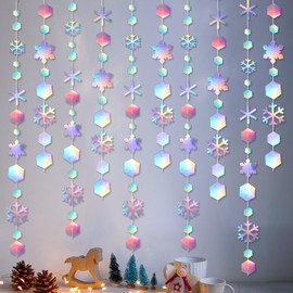5pcs Winter Party Wonderland Decorations, 65ft Iridescent Snowflake Garland Hanging Banner Ornaments Christmas Holographic Paper Snowflake Streamer for Xmas Holiday Birthday Party Supplies