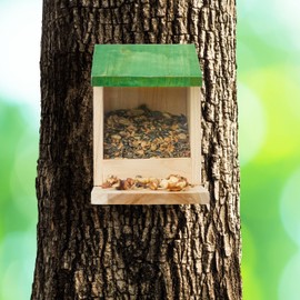 Relaxdays Squirrel Feeder House, Wood, Folding Roof, Seating Platform, Squirrel House, HBT: 17.5 x 12 x 25 cm, Natural/Green
