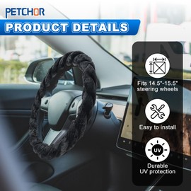PETCHOR Black Twisted Fur Black Soft Steering Wheel Cover, Fluffy Car Steering Cover for Universal Auto Steering Wheel 14.5-15.5", Anti-Slip, Plush Texture, Winter Warm
