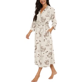 VINTATRE Women Kimono Robes Long Knit Bathrobe Lightweight Soft Knit Sleepwear V-neck Casual Ladies Loungewear FP-Cute Cat Park-L