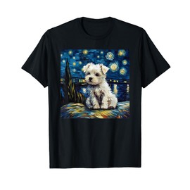 Cute Maltese Puppy Dog In A Starry Sky Night Painting T-Shirt