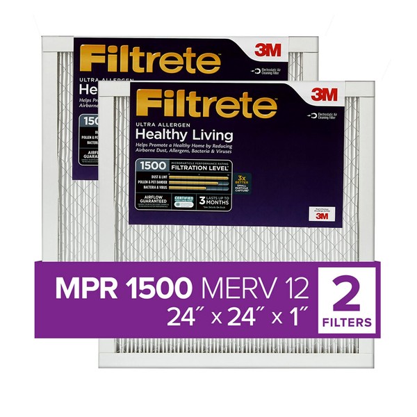 Filtrete 24x24x1 Air Filter, MPR 1500, MERV 12, Healthy Living Ultra-Allergen 3-Month Pleated 1-Inch Air Filters, 2 Filters