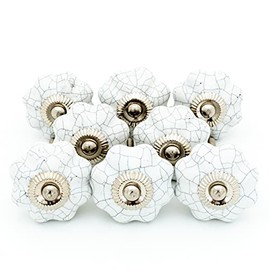 ETHNICITI 8 Pack White Crackle Pumpkin Melon Ceramic Door Knobs Vintage Shabby Chic Cupboard Drawer Pull Handles