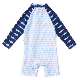 BONVERANO Baby Boy Sunsuit Eco-Friendly One Piece Swimsuit UV Full Front Zip Long Sleeve with UPF50+ Sun Protection(BLUESHARK,24-36 Months)