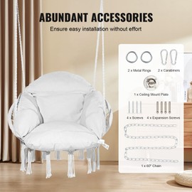 VEVOR Hanging Hammock Swing Chair, Macramé Hanging Chair with Cushion and Mounting Hardware, Cotton Rope Swing Chair for Bedroom, Balcony, Patio, Garden, 264 lbs Capacity, White
