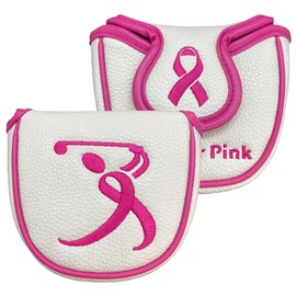 Giggle Golf Mallet Putter Cover, PU Leather with Embroidered Designs and Magnetic Closure (Pink Ribbon)