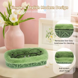 OPULANE Glasses Holder Stand, Anti-scratch Plush Lined Eyeglass Holder Stand, Oval Eye-glass Storage Organizer Case for Nightstand, Office Desk, Table, Green