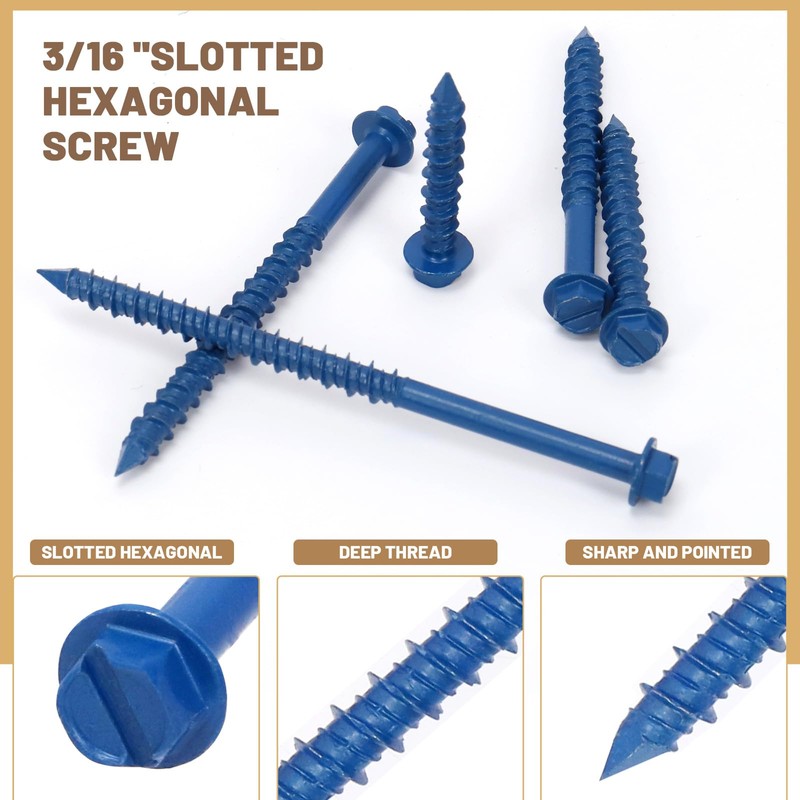 Wokape 52PCS 3/16" x 2-1/4" Slotted Hex Concrete Screw Anchor