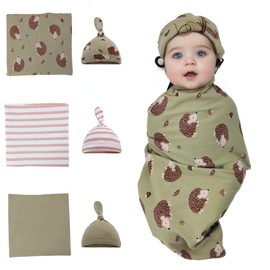Baby Newborn Swaddle and Hat Set 3 Pack 100% Cotton Knitted Muslin Baby Blankets 35" x 35" Baby Receiving Blankets Stroller Soft Unisex Newborn Swaddle Wrap for Girls and Boys (Green+Hedgehog+Strip)