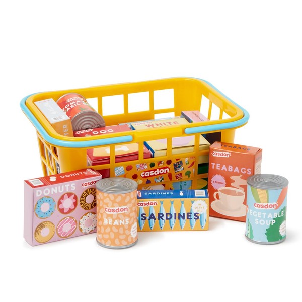 Casdon Shopping Basket. Colourful Toy Shopping Basket for Children Aged 2+. Comes with Miniature Versions of Popular Branded Foods