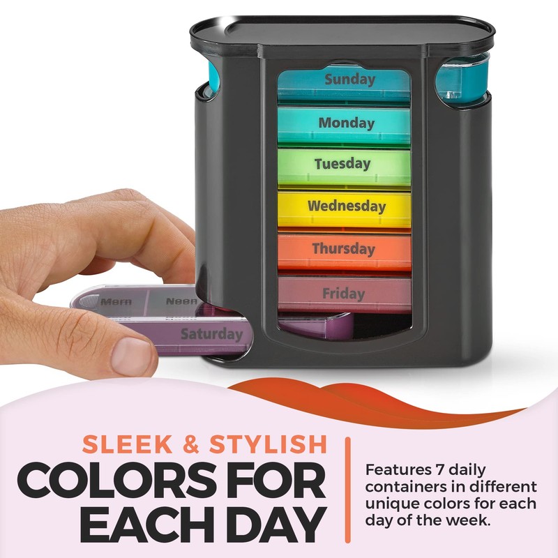 Weekly Pill Organizer, 1 Dispenser, 7 Stackable Compartments Four Times-a-Day
