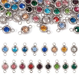 Pandahall 34Pcs Rhinestone Connector Charms Birthstone Charms Stainless Steel Links Connectors Flat Round Linking Charms Glass Gemstone Crystal Pendant for Christmas Bracelet Earring Jewelry Making