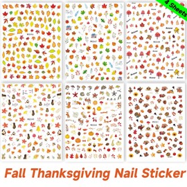 Xepeelo Fall Nail Stickers Fall Maple Nail Art Stickers Autumn Pumpkin Art Nail Sticker Thanksgiving Nail Decals Turkey Fox Nail Art Design Thanksgiving Nail Accessories for Woman Girls 6Sheets (02)