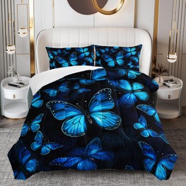 OUIXOTIC Blue Butterfly Bedding Sets Queen Dreamy Butterfly Comforter Set, Butterfly Comforter Set for Girls Kids Teens 3 pcs Bed in a Bag Bedding Sets, Black Bed Set with1 Comforter and 2 Pillowcase