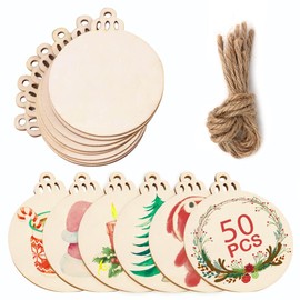 Fayavoo 50pcs Wooden Christmas Ornaments Round Wooden Baubles with Hole, 3.5" Unfinished Natural Wood Discs for Kids DIY Crafts Wooden Christmas Tree Hanging Decorations