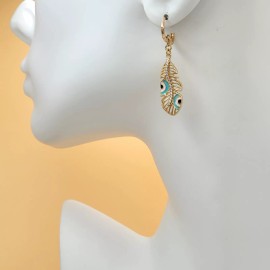 JEYFEL XP 18K Gold Plated Crystal Feather Evil Eye Drop Dangle Earrings. Oro Laminado