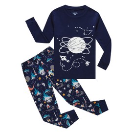 Glow in The Dark Space Little Boys Long Sleeve Pajamas Sets Cotton Sleepwear Kids Pjs Size 7 Blue