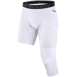 Roadbox Men's One Leg Compression Pants 3/4 Basketball Football Tights Leggings with Pockets, Capri Sports Athletic Underwear