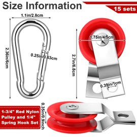 Tondiamo 15 Sets 1-3/4" Red Nylon Pulley and 1/4" Spring Hook Set, Galvanized Snap Clip Reinforced Nylon Baseball Batting Cage Cable System for Netting Baseball Batting Cages