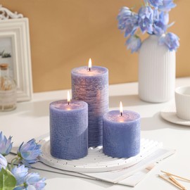 3x3 Inch Blue Pillar Candles Set of 3 - Hand-Poured Unscented Candles, Long Clean Burning, Large Big Candles, Smokeless Dripless Candles for Dinner Table, Wedding, Home, Bathroom, Rustic Decor