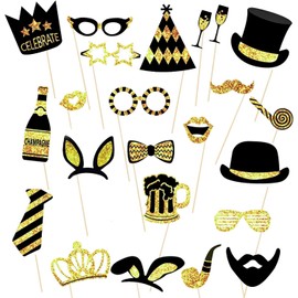 22PCS Birthday Party Photo Props Black And Gold Photo Booth Props And Signs Prom Photobooth Party Props Moustache Glasses Hats Crowns Photo Props Birthday Selfie Props For Adult Kid Wedding Engagement