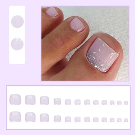 24Pcs Summer Fake Toenails Short Square Press on Toenails Solid Color Nail Tip Glue on Toenails for Women Light and Flash Powder Designs Acrylic Toenails Short Press on Toenails for Women Manicure