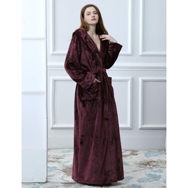 iCREAT Womens Long Hooded Bathrobe Fleece Full Length Bathrobe with Hood Winter Sleepwear, Wine-M