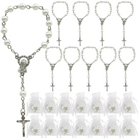 Baptism Favors (24PCS) Mini Rosaries simulated pearl Beads with Sivler Plated Accents - Reduerdos Mini rosarios/Recuerditos De Bautismo - First Holy Communion - Wedding