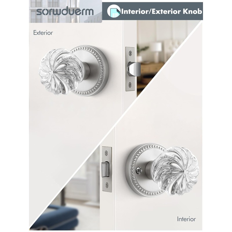 SORWDUERM 1 Pack Crystal Door Knobs Nickel Door Knob Brushed