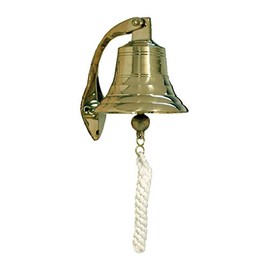 Large Solid Polished Brass 6" Nautical Ship Bell Replica with Hinged Hanging Bracket and Braided Rope Clapper Handle