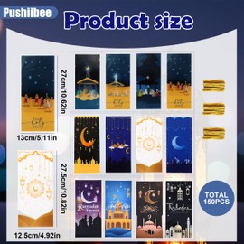 150Pcs Eid Mubarak Gift Bags, 12 Styles Eid Mubarak Goodie Bags with Twist Ties, Muslim Castle Moon Star Pattern Ramadan Treat Bags Cellophane Bags Party Treat Bags for Eid Mubarak