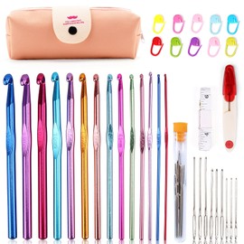 Eotvkof 36 PCS Aluminium Crochet Hooks Set Ergonomic for Arthritis/Beginners Adults in Case, with Knitting Needle and Stitch Markers 2mm -10mm