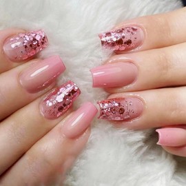 24Pcs Press on Nails Medium Coffin ,French Tip Fake Nails Medium with Gradient Pink Glitter Designs Full Cover Glossy Glue on Nails Thick Acrylic False Nails Medium Coffin Cute Stick on Nails for Women Girls W1217