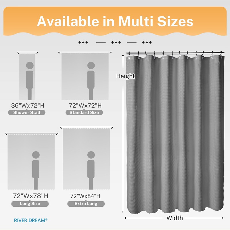 River Dream Grey Shower Curtain with Liner Set, Waffle Fabric