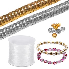 SourceTon 1500 Pieces 6mm Flat Round Disc Loose Spacer Beads (Gold and Silver) with 1 Roll Transparent Elastic Crystal Cord for Arm ST-Flat Beads + Cord