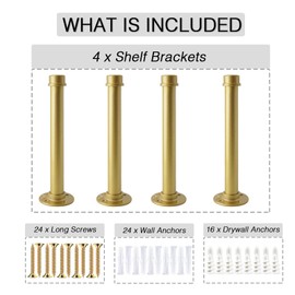 OVOV Gold Industrial Pipe Shelf Brackets Heavy Duty Pipe Floating Shelf Bracket Rustic Wall Mounted Shelving Support for Wood Board (10 Inch 4 Pack)
